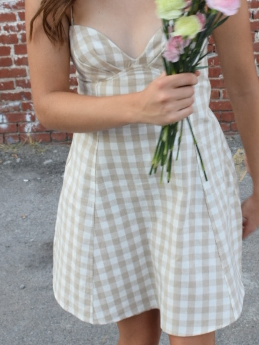 Gingham Sweetheart Mini Dress in Beige